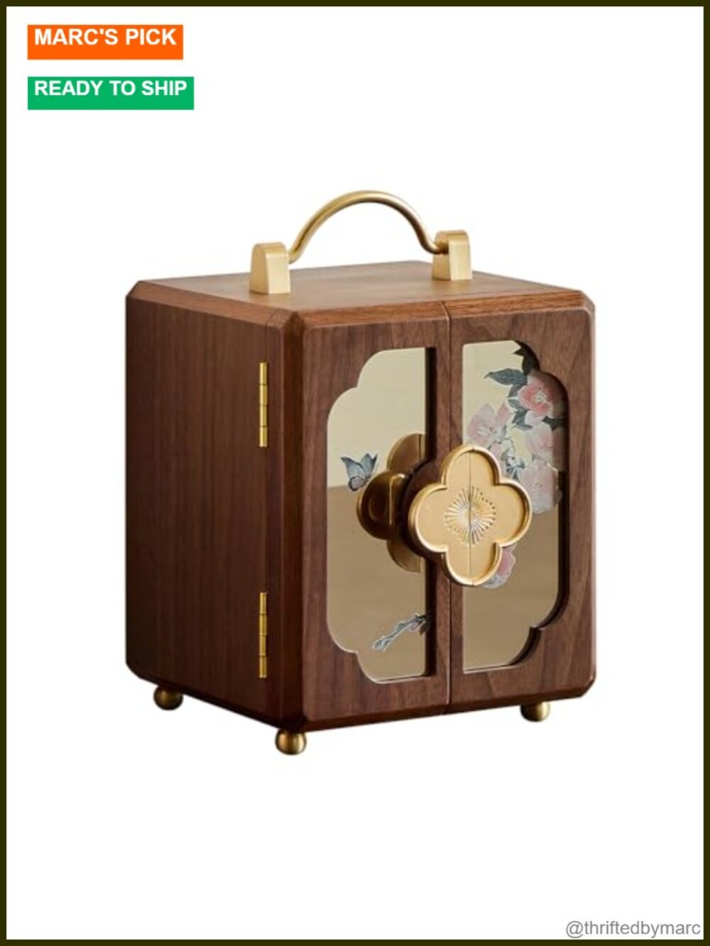 Black Walnut Wood Jewelry Box Organizer with Brass Handle & Gold Floral